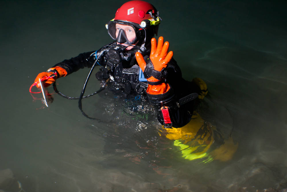 jean krejca in diving gear in a cave sump